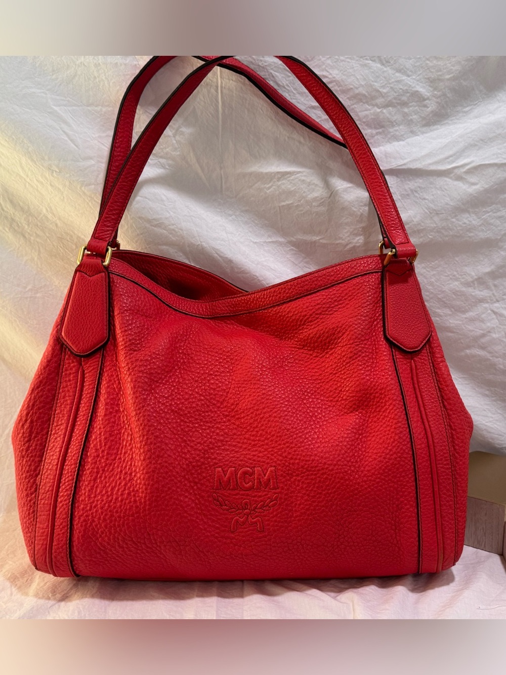 MCM Coral Red Pebbled Leather Hobo Bag | Gold Hardware